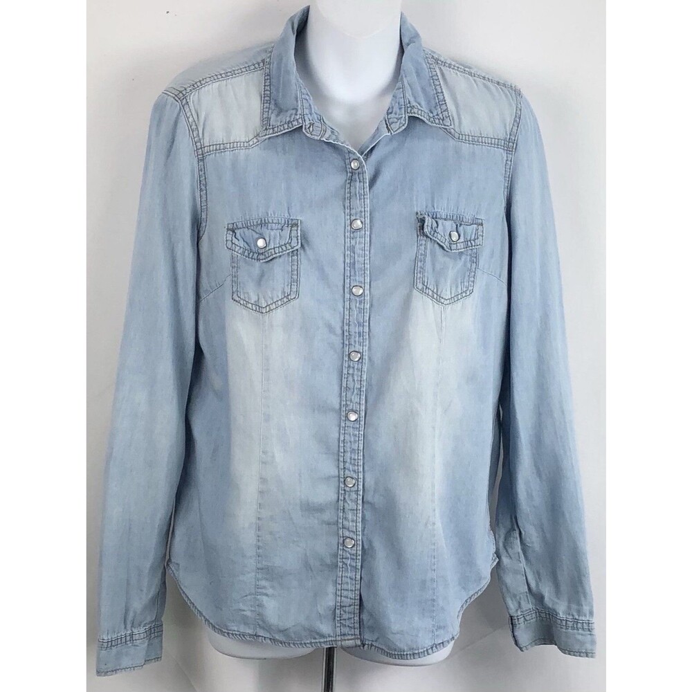 Vintage denim pearl snap top L Jrs Blue pocket slim fit Western Hippie retro 90s